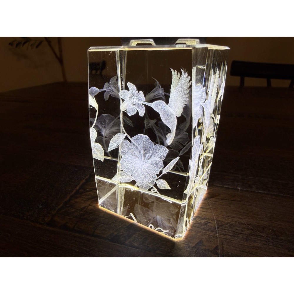 Hummingbirds & Flowers Laser Etched Inclusion Glass Paperweight Holographic 3D